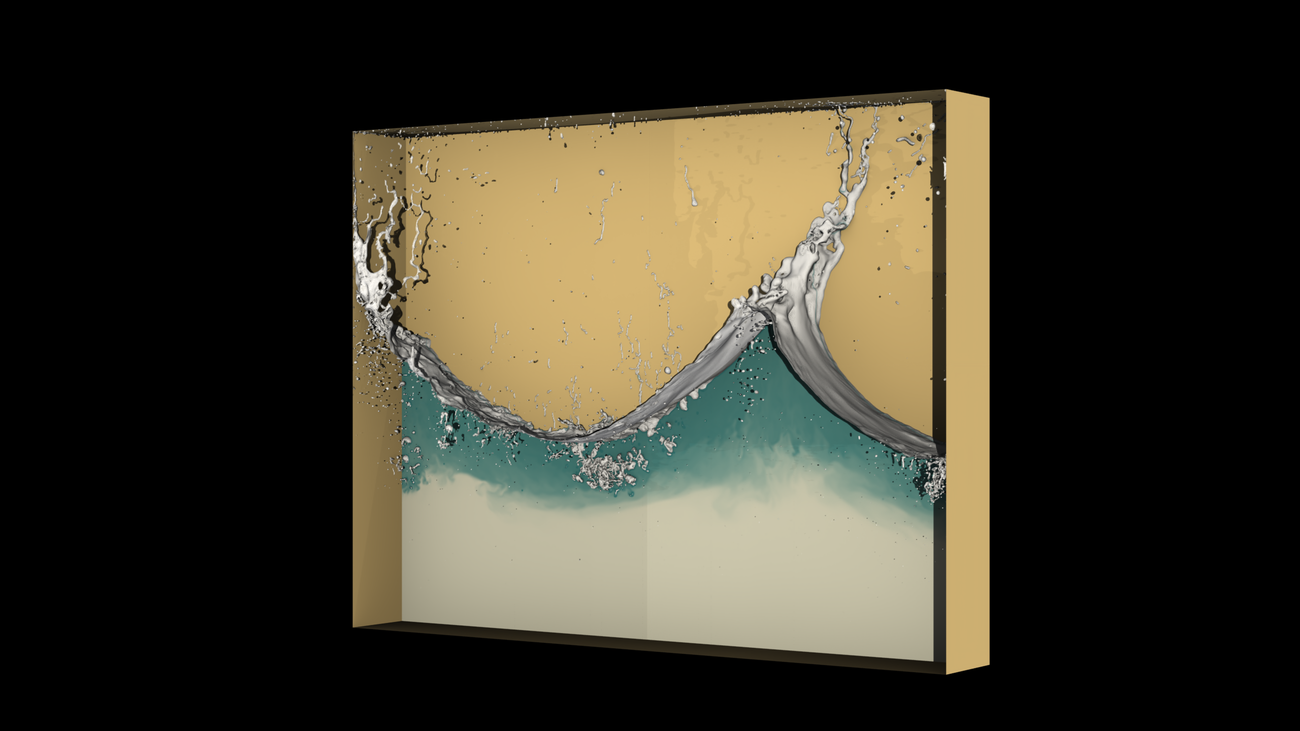 Example image 1: Simulation results for a case with Fr = 0.489 and ℎ_2/h = 0.31. Here, the free surface is shown in white, while the concentration field at the median plane is depicted in colour. Simulation was performed using 3072 cores in the Topaze cluster at the CCRT-TGCC