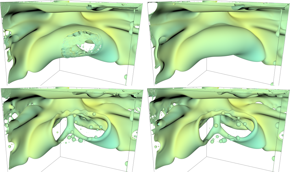 Thin sheet perforation and hole formation. Top: 5123 (left) and 10243 (right) grids without controlled perforations. Bottom: 5123 (left) and 10243 (right) with manifold death. From Chirco et al, 2022.