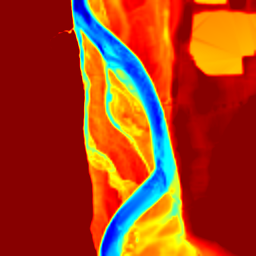 Detrended topo-bathymetry z_b' of the test reach. Color map ranges from -7 m to +4 m relative to bankfull level. The square domain is 2048 x 2048 m.