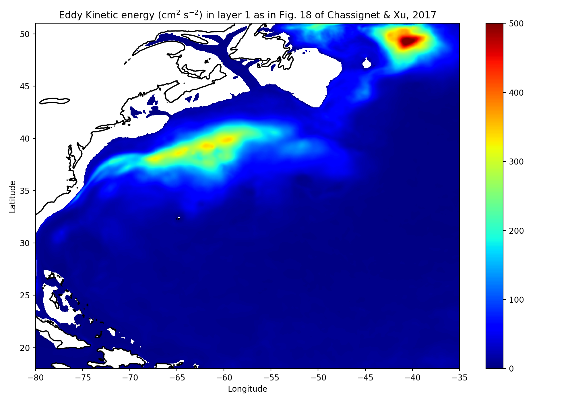 EKE in layer 1 (1000–750 m), Basilisk, 1/24 degree