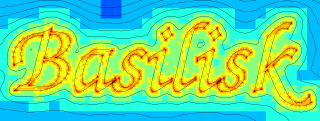 Adaptive mesh and isolines of distance function.